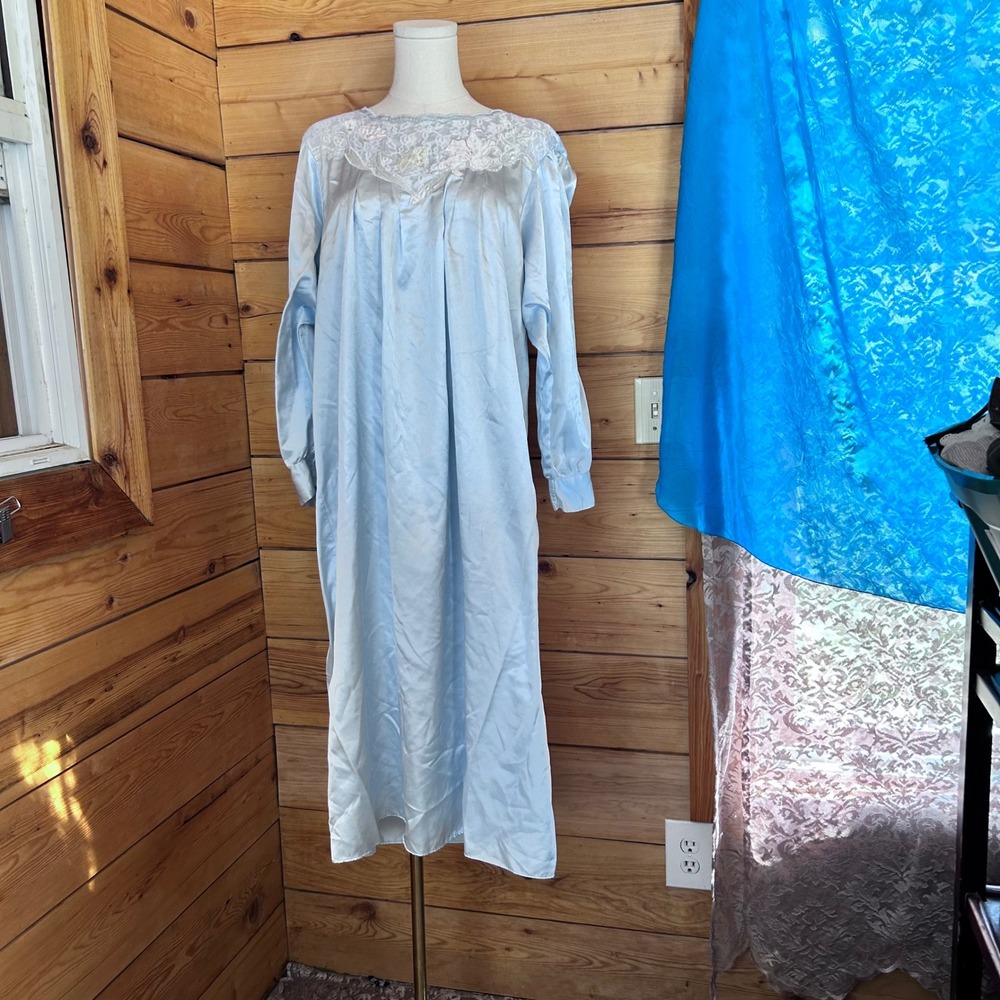 Vintage Satin Nightgown Women Large Blue Lace Pearl Bead Floral Etienne